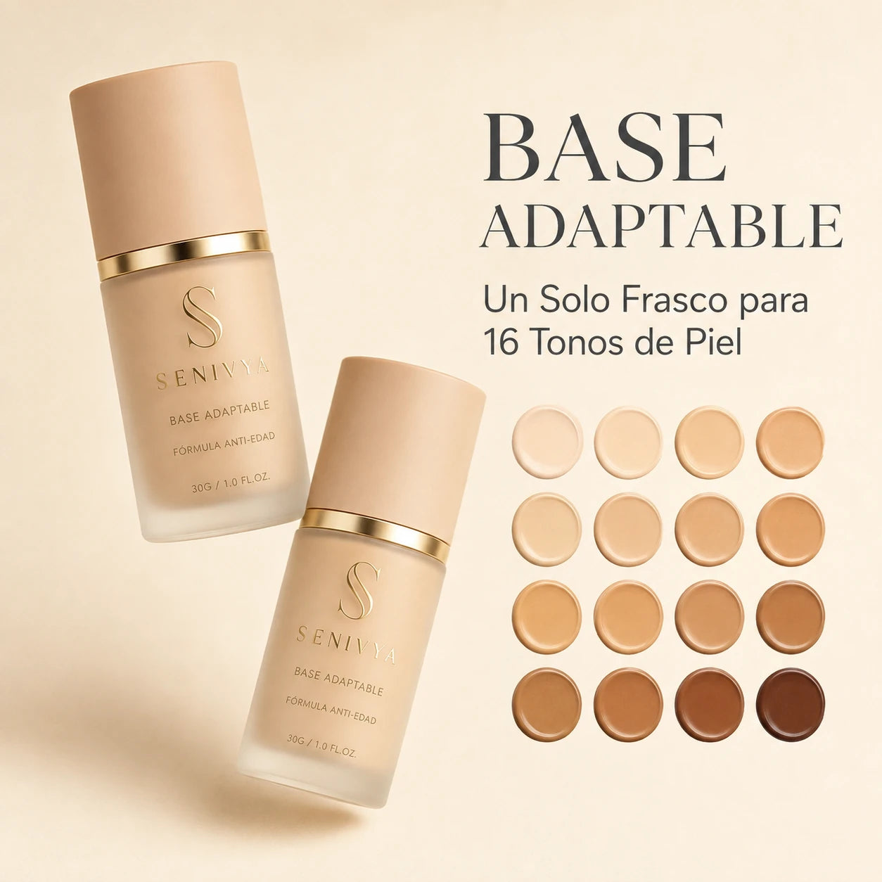 Base adaptable Senivya: un solo frasco para 16 tonos de piel